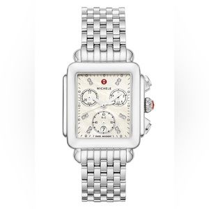 New Michele Deco Diamond Dial Chronograph Steel MWW06A000778 Ladies 33mm Watch
